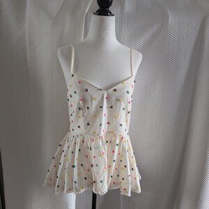 H&M Babydoll Cami Top Textured Polka Dots & Embroidered Hem Peplum Size 6 Cotton